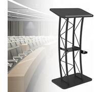 47" Black Metal Podium with Cup Holder, Curved Floor Standing Lectern for Conference, Auditorium & School Events - Sturdy Truss Design, Professional Speaking Desk
