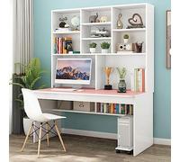 47" Computer Desk with Bookshelf, Pink Wooden Study Table for Small Spaces, Ideal for Teens and Students, Home Office Desk with Hutch, Stylish and Functional