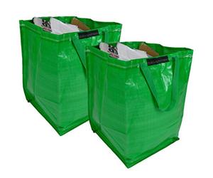 47 Litre Recycling Bag with Top Flap and Handles - Tip Strap - Laminated Wipe Clean Fabric - PREMIUM GRADE - Heavy Duty Woven PP Fabric (2 Bags, Green)