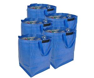 47 Litre Recycling Bag with Top Flap and Handles - Tip Strap - Laminated Wipe Clean Fabric - PREMIUM GRADE - Heavy Duty Woven PP Fabric (5 Bags, Blue)