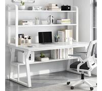 47" Modern White Computer Desk with Storage Shelves & Bookshelf - Sturdy Metal Frame Writing Workstation Simple Home & Office Study Desk Perfect for Productivity