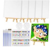 47 Pcs Mini Canvas and Easel Set,Painting Set Includes 20x20cm Primed Canvas, Mini Wooden Easel, Acrylic Paint, Paint Brushes and Palette for Kids Artists Art Party