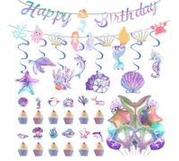 47 Pieces Mermaid Birthday Decoration Set, Happy Birthday Banner Cake Toppers and Balloons Mermaid Theme Party Decoration