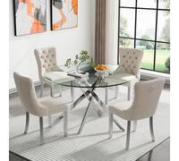 47" Round s Dining Table Set for 4 with Silver Metal Legs & Velvet Chairs, Modern 5-Piece Kitchen Dining Set for Smals, Breakfast Dinette Table