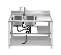 47”Stainless Steel Utility Sink, 2 Bowl Freestanding Commercial Kitchen Sink Work Food Prep Table for Restaurant, Garage
