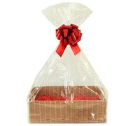 47cm RED Gift Basket Hamper Kit - Wicker Basket Cardboard Tray, Red Shred, Red Bow, Cellophane Bag & Red Gift Tag (XXL - 47cm x 36cm x 14cm high)