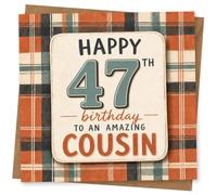 47th Birthday Card, Bold Plaid Print, Amazing Cousin Quote | Cheerful plaid design with the wording “Happy 47th Birthday to an Amazing Cousin” in bold text.