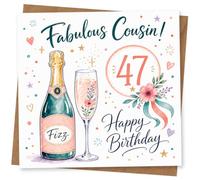 47th Birthday Card, Fabulous Cousin Fizz & Flowers | Celebrate 47th with “Fabulous Cousin!” plus Fizz bottle, floral champagne flute, confetti hearts and Happy Birthday script.