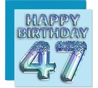 47th Birthday Card for Men - Blue Glitter Party Balloon - Happy Birthday Cards for 47 Year Old Man Friend Dad Brother Uncle Cousin, 145mm Greeting Cards Gift