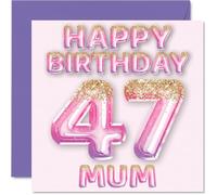 47th Birthday Card for Mum - Pink & Purple Glitter Balloons - Happy Birthday Cards for 47 Year Old Mum Mother from Son Daughter, 145mm Bday Greeting Cards Gift