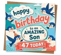 47th Birthday Card for Son, Birds, ‘Amazing ’, 47 Today | Blue birds in the clouds with bold “happy birthday”, “to an AMAZING Son” and a red “47 TODAY” banner for his 47th.