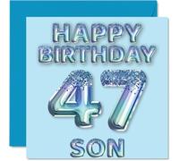 47th Birthday Card for Son - Blue Glitter Party Balloons - Happy Birthday Cards for 47 Year Old Son from Mum Dad Parents, 145mm Bday Greeting Cards Gift