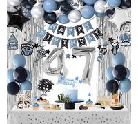 47th Birthday Decorations, Dusty Blue 47 Birthday Decorations for Men Women, Blue Sliver Black Birthday Party Decor with Happy Birthday Banner, Number Balloons, Foil Balloons, Swirl