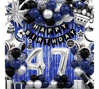 47th Birthday Decorations for Men and Women, Black Blue Silver Happy Birthday Number 47 Balloons, Banner, Fringe Curtains Garland Kit - 47 Year Old Party Supplies