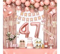 47th Birthday Decorations for Women Girls, Happy 47 Birthday Decorations for Her, Rose Gold Birthday Party Supplies with Banner, Number Balloons, Fringe Curtains, Hanging Swirls