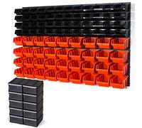 48 black S size and 36 orange M size storage bins with wall mounted panel