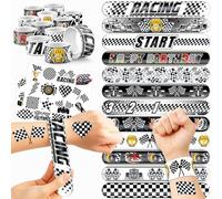 48 Checkered Flags, 24 Pieces, Plaid Flags, Temporary Tattoos, Stickers, 24 Pieces, Slap Bracelets, Perfect for Theme Birthdays, Baby Showers or Classroom Rewards, Ideal Decoration and