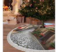 48" Christmas Tree Skirt Italian Town Street Print Xmas Tree Skirt with Tassel Christmas Decorations Mat for Home Party Holiday Ornaments