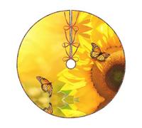 48" Christmas Tree Skirt Sunflower Butterfly Sunny Print Xmas Tree Mat for Holiday Party Ornaments Indoor Outdoor Decorations