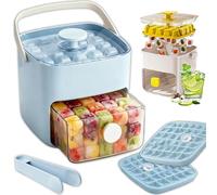 48 Cube Ice Maker with Easy Press Lid, Double-Deck Portable Ice Cube Tray with Lid and Bin, Tongs, Handled Press Large Capacity Ice Box for Freezer, for Whiskey, Cocktail, Coffee, Drinks (Blue)