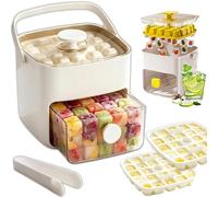 48 Cube Ice Maker with Easy Press Lid, Double-Deck Portable Ice Cube Tray with Lid and Bin, Tongs, Handled Press Large Capacity Ice Box for Freezer, for Whiskey, Cocktail, Coffee, Drinks (White)