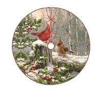 48" Elegant Christmas Tree Skirt - Red Bird Holly Berry Branches Full-Print Perfect for Xmas, Halloween, and New Year Decorations
