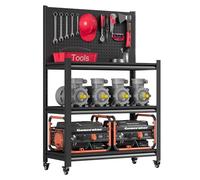 48" H Metal Garage Workbench with Pegboard,3-Tier Roling Tool Work Bench,Adjustable Heavy Duty Work Table on Wheels,Black Mobile Workstation for Garage Warehouse Workshop,Screwless Design