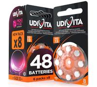 48 Hearing Aid Batteries Size 13 Udivita (Orange) PR48 Zinc-Air with Phono Pulse Technology - 6 Blisters of 8 Batteries