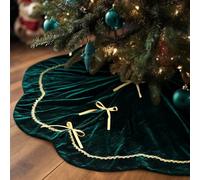 48 Inch Green Luxury Velvet Christmas Tree Skirt with Scallop Edge & Sparkling Gold Lace Trim, Elegant Tree Mat for Party, Rustic Xmas, Holiday Decorations at Home