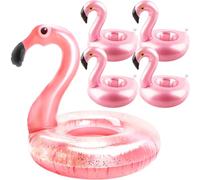 48 Inch Inflatable Flamingo Pool Float with 4 Pcs Flamingo Cup Holders Translucent Glitter Blow up Flamingo Swim Ring for Adult Kids Summer Hawaii Party Decor Pool Supplies