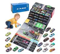 48 Mini Pull-Back Cars with Built-in Garage Set,48PCS Die-Cast Alloy Racing Car Toys,Friction Powered Vehicles with Storage Box & Play Mat,Bulk Mental Trucks Toy for Kids Boys and Girls (Blue)