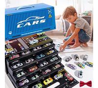 48 Mini Pull-Back Cars With Built-in Garage Set, Alloy Die-Cast Racing Cars With Looping Tracks & Storage Box - Friction Powered Mini Car Set For Party Favors & Collectors(Blue)