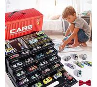 48 Mini Pull-Back Cars With Built-in Garage Set, Alloy Die-Cast Racing Cars With Looping Tracks & Storage Box - Friction Powered Mini Car Set For Party Favors & Collectors(Red)