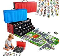48 Mini Pull-Back with Built-In Garage Set, Metal Alloy Racing Car Toys, Mini Racers, Bulk Matchbox (Blue + Red)