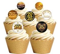 48 New Year Celebration Party 2026 themed Edible Wafer Paper Round Cake Toppers Decorations - BG