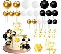 48 Pack Balls Cake Decorations Acrylic 0-9 Numbers Happy Birthday Cake Toppers 3D DIY Round Foam Balls Cake Topper Insert Mini Balloons Cake Decorations for Wedding Anniversary Party Supplies