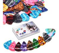 48 Pack Celluloid Guitar Picks with Organizer Storage Box, 0.5 0.57 0.75 0.84 1.0 1.2mm Six Thin Medium Heavy Thickness & Variety Colorful Plectrums for Bass Electric Acoustic Ukulele Banjo