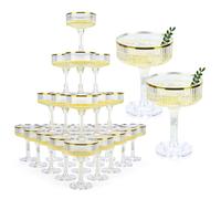 48 Pack Clear Champagne Tower 5 Oz Champagne Flutes Plastic Champagne Coupe Glasses With Gold Rim Disposable Martini Glasses Stackable Stemmed Coupe Glass for Weddings Birthday Party (48, Clear)