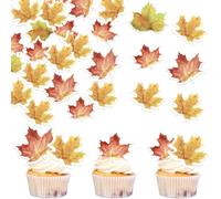 48 Pack Edible Fall Leaves Cupcake Toppers Fall Cake Decorations Rice Paper Fallen Leaves Cupcake Picks Decoration for Thanksgiving Autumn Baby Shower Wedding Birthday Party Decorations
