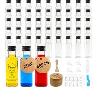 48 Pack Miniature Alcohol Bottles, 25ml/0.8oz Small Shot Bottles with Lids, Screw Caps, Reusable Mini Plastic Bottle Empty with Hanging Labels, Stickers, Funnel for Baileys Christmas, Weddings