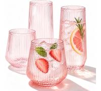 48 Pack Pink Plastic Cups - 24 × 9oz Disposable Champagne Flutes & 24 × 12oz Stemless Wine Glasses, Cocktail Cups, Shatterproof, Reusable, BPA-Free Drinkware for Weddings, Parties (Pink Ribbed)