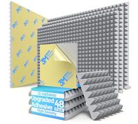 48 Pack Pyramid Sound Proof Foam Panels for Walls with Updated Self-Adhesive 2"X12"X12" High Density Acoustic Panels Sound Absorbing Fast-Expanding Soundproof Wall Panels for Gaming Studio Decor- Gray