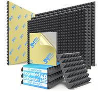 48 Pack Pyramid Sound Proof Foam Panels for Walls with Updated Self-Adhesive 2"X12"X12" High Density Acoustic Panels Sound Absorbing Fast-Expanding Soundproof Wall Panels for Gaming Studio Decor-Black