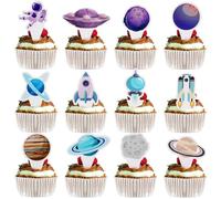 48 Pack Space Cupcake Toppers - Astronaut Rocket Planet Cake Decorations | Food-Safe Card Party Supplies for Galaxy Birthday Parties