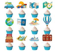 48 Pack Travel Cupcake Toppers Bon Voyage Map Suitcase Globe Cupcake Picks for Kids Adventure Awaits Theme Around The World Party Baby Shower Birthday Party Decoration Supplies