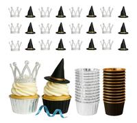 48 Pack Witch Hat And Crown Cake Topper,3.5oz Foil Cupcake Liners,Mini Witch Hats Decorations,Bad Witch Birthday Party Decorations, For Birthday Party Supplies