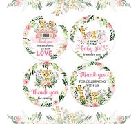 48 Packs Jungle Thank You Stickers for Girls, Baby Shower Safari Jungle Thank You Stickers, Pink Baby Girl Shower Wild Animals Birthday Party Favor Label Decorations(2 Inch)