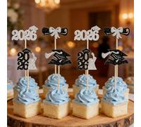 48 Pcs 2026 Graduation Theme Cupcake Toppers, Glitter Diploma Congrats 2026 Graduation Cap Cupcake Picks for Class of 2026 Graduation Theme Cake Decorations Party Supplies (Silver)
