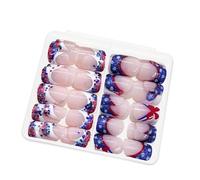 48 Pcs 4th Of July Artificial Nails Short Full Covers False Nails Glittering Stick On Nails French Tip Press On Nails
