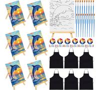 48 Pcs 6 Sets Pre Drawn Painting Canvas for Adults, Sunset Dolphin | 8''x10'' Paint and Sip Party Kit, Pre Drawn Canvas Easels Apron Brushes Palette for Painting, Girls Date Night Party Supplies